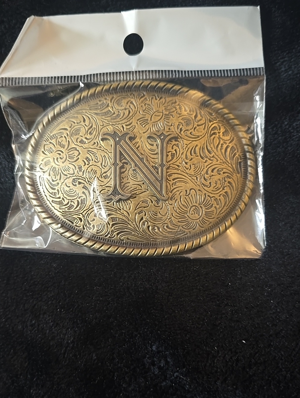 Monogram 'N' Engraved Oval Belt Buckle - Antique Gold